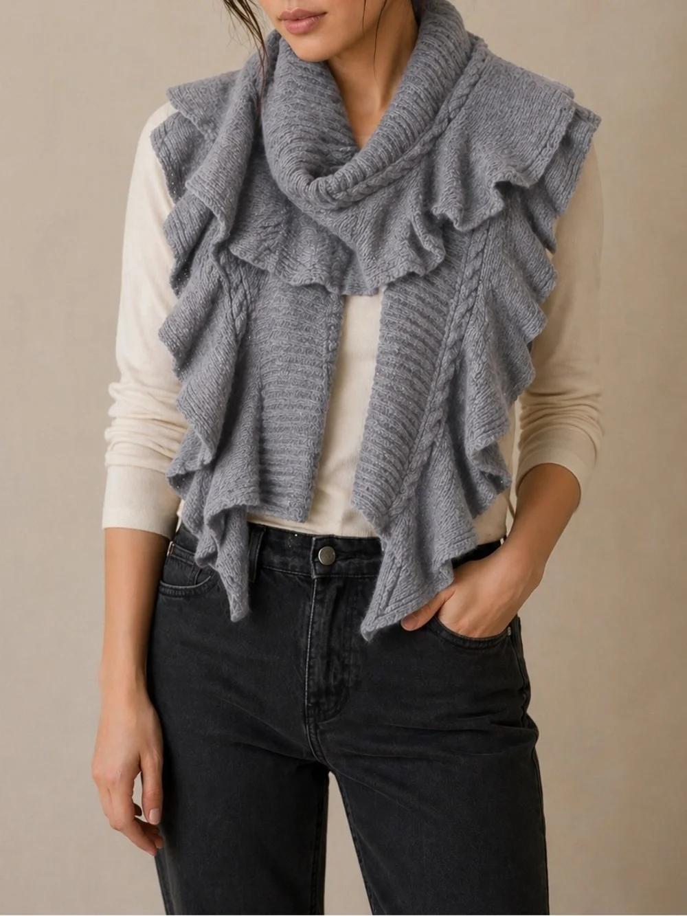 Lauren Ralph Lauren Ruffle Knit Scarf Wrap Shawl Heather Gray Soft Cozy